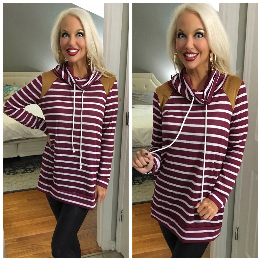 ❤️LAST 1!! Wine Striped Cowl Neck Front Tie Tunic - Picture 3 of 7